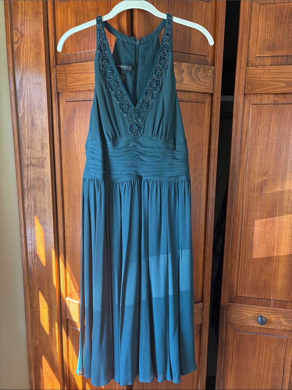 Anne Klein Emerald Green Beaded V-Neck Maxi Dress
